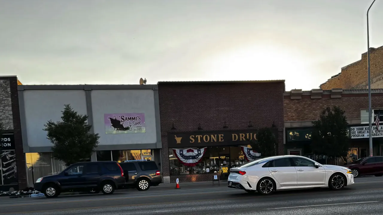 Stone Drug and downtown storefronts near Main Street, illustrating downtown character