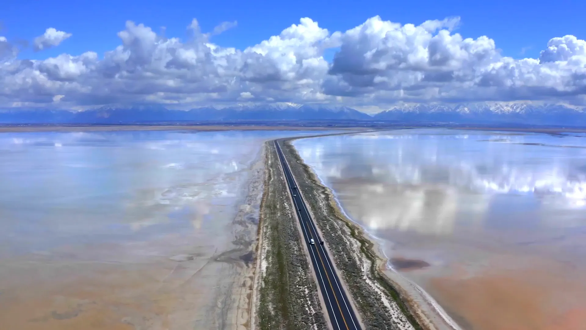 Sunset view over the Great Salt Lake with calm blue waters